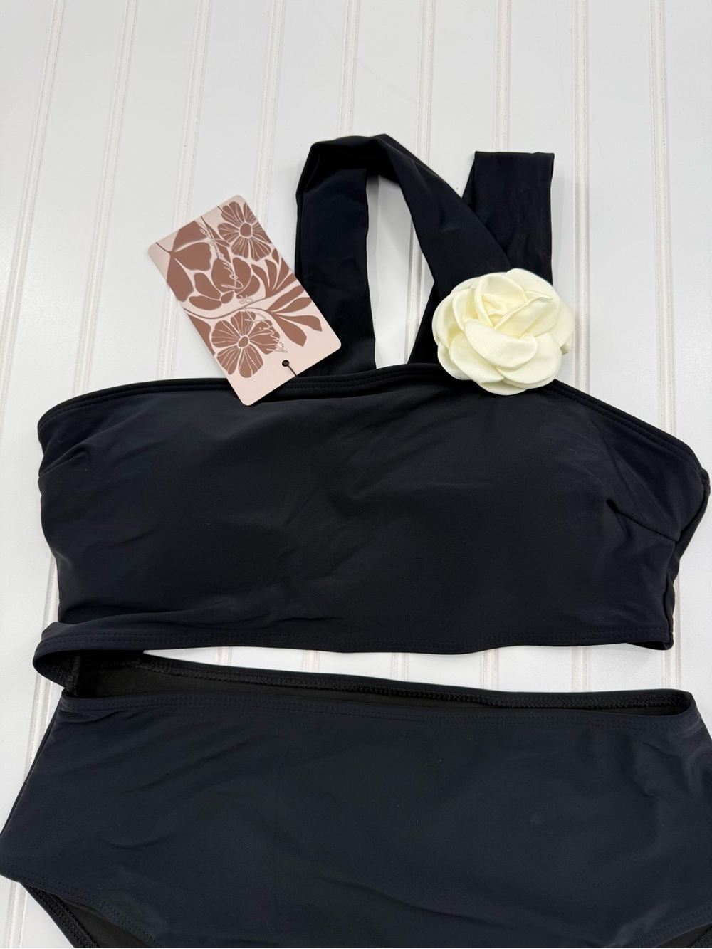 NWT Knit and Lounge One Shoulder Floral Detail Asymmetrical High Waist Swimsuit - Picture 4 of 14